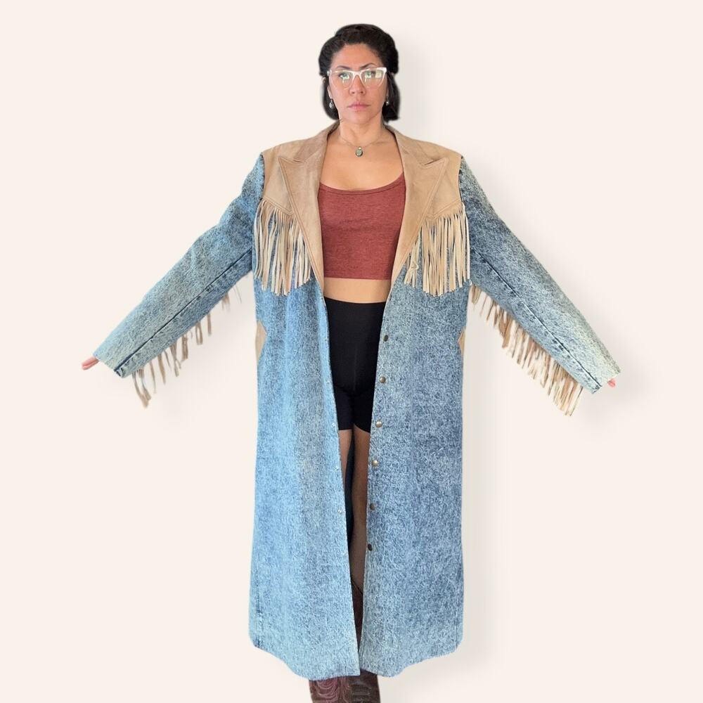 VTG Western Heavy Weight Acid Washed Denim Trench w/ Leather Fringe USA Made XL